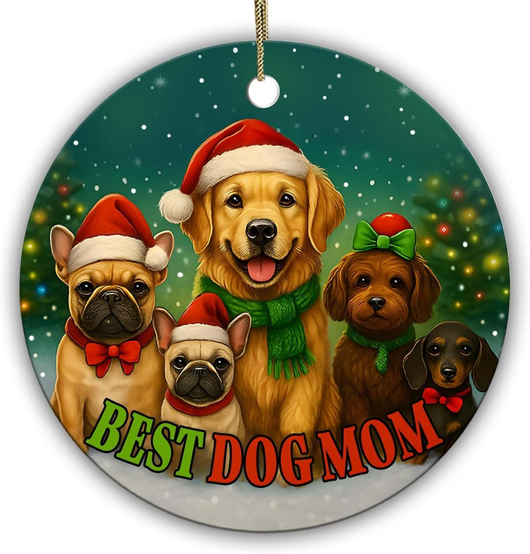 Best Dog Mom Ornament Funny for Puppy Lovers, Women, Pet Moms Cute Holiday Keepsake with Santa Dogs 2.9" Round Ceramic Ornament with Cord