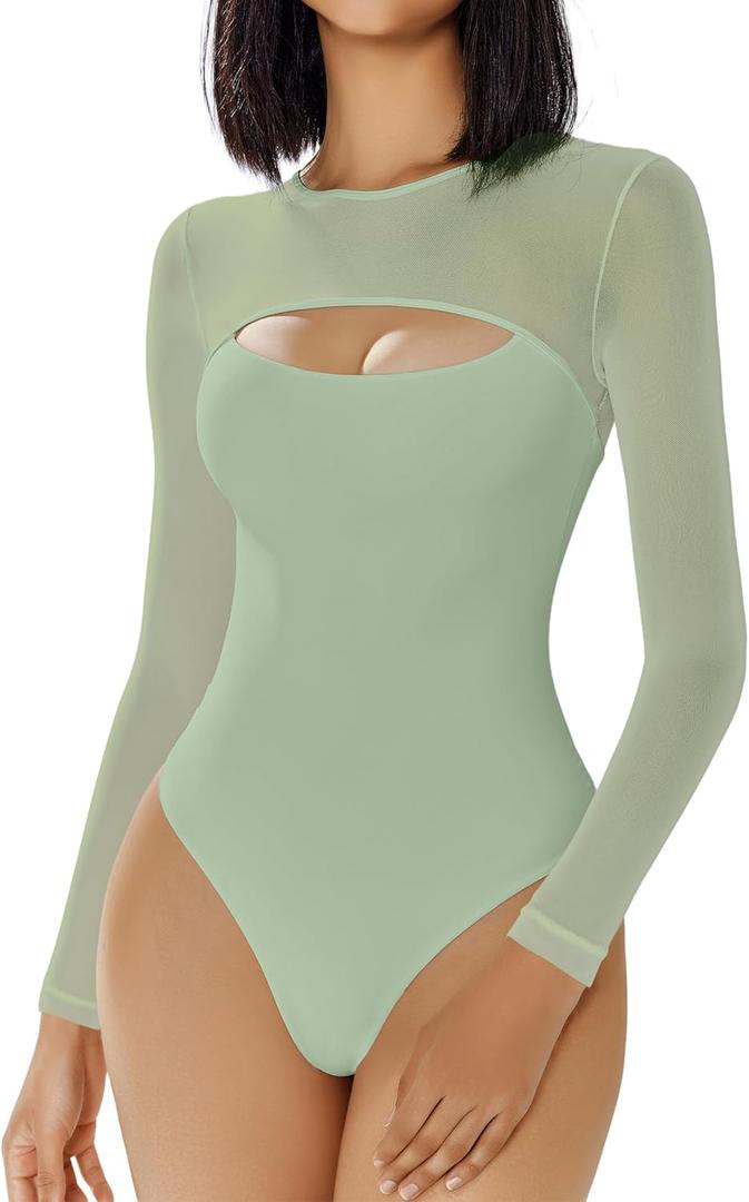 Avidlove Bodysuits for Women Round Neck Shapewear Bodysuit Long Sleeve Bodysuit Sexy Mesh Top Double Lined Cutout Shirt (XX-Large, Gray Green)