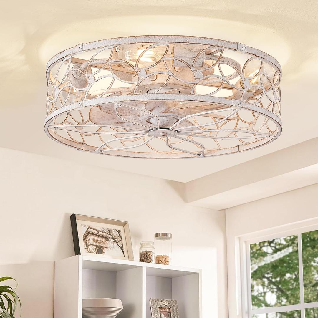 LEDIARY Caged Ceiling Fans with Lights, White Flush Mount Ceiling Fan with Remote&App, Small Low Profile Bladeless Ceiling Fan Light Fixture for Bedroom, Kitchen, Dining Room-White Gold Color