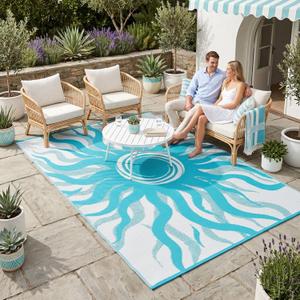 Garvee Outdoor Rug 9x12 Waterproof Patio Rugs with Boho Sun Pattern, Reversible Plastic Straw Camping Rugs Outdoor Indoor RV Mat Carpet for Deck, Backyard, Picnic, Porch, Balcony, Beach, Light Blue