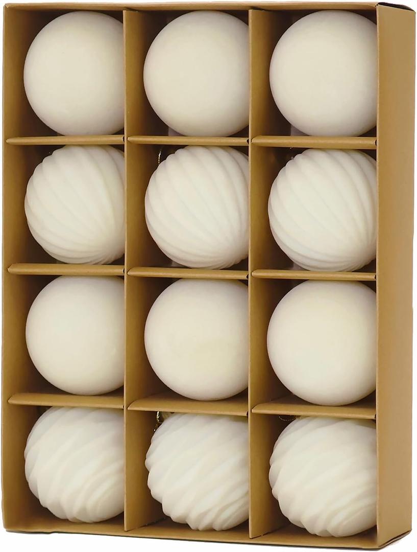 3.15inch Velvet Christmas Ornaments for Xmas Tree, 12 pcs Flocked Christmas Balls Set Assortment for Holiday Decor (Beige)
