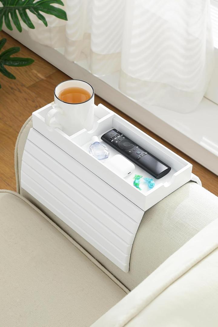 Sofa Arm Tray, Bamboo Large Couch Cup Holder Tray with Hidden Storage, Sofa Armrest Portable Anti-Spill Beverage SnackWhite