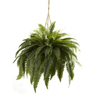 Nearly Natural Giant Boston Fern 36 in Wide Artificial Hanging Plant with Basket - Faux Greenery for Indoor Home Office Bedroom Decor, Realistic Leaves