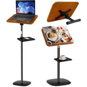 2-in-1 Adjustable Book Stand & Music Stand, 22-51in Dual-Use Floor and Desktop Book Holder Stand, Heavy Duty Solid Wood, with Elastic Page Clip for Cookbooks, Sheet Music, Tablet, Laptop, Projector