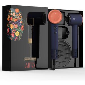AINA Hair Dryer,Blow Dryer with Diffuser Brush Comb for Women - BLDC Hair Dryer - Brushless Motor, 110,000 RPM Lightweight,Ionic Travel, 3 Magnetic Attachments 110V/ALCI(Blue Golden)