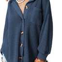 Dokotoo Womens Blouses 2026 Fall Fashion V Neck Long Sleeve Button Down Waffle Knit Tops for Women Casual Loose Solid Jacket Outwear Shacket with Pockets Blue X-Large