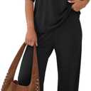 Trendy Queen Women 2 Piece Matching Summer Lounge Sets Clothing 2026 Short Sleeve Shirts & Pants Travel Outfit, Black, Medium