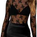 Women's Mesh Long Sleeve Tops Crew Neck Sexy See Through Tee Shirts Party Club Night Lace Blouse (Black, XL)