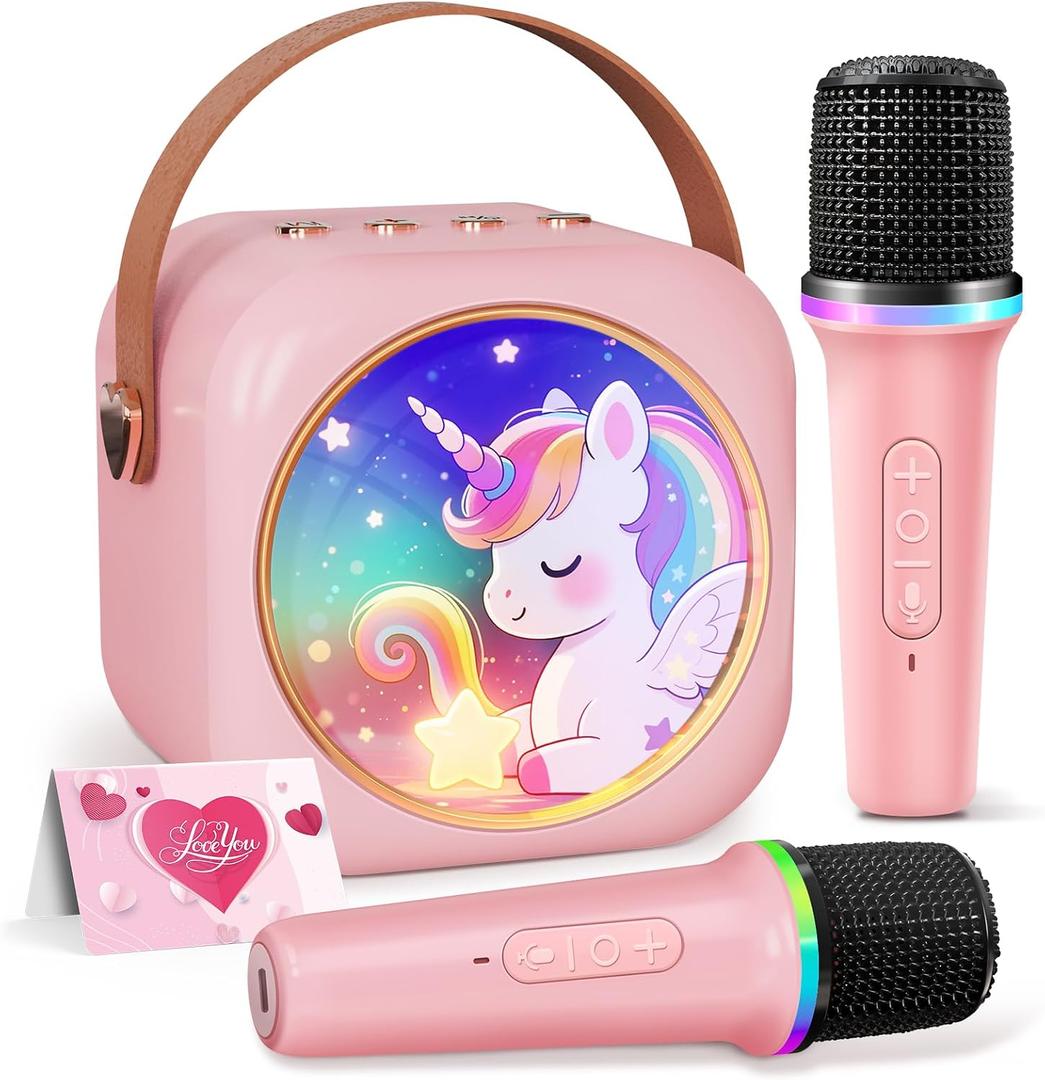 Karaoke Machine for Kids with 2 Wireless Microphones,Girls Speaker with Unicorn Colorful LED Lights,Birthday Gift for 3-12 Years Old,Portable Toys for Home Party