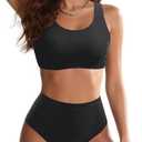 Holipick Women High Waisted Two Piece Bikini Sports Crop Top Swimsuit Scoop Neck Bathing Suit for Teen Girls with Bottom XXS