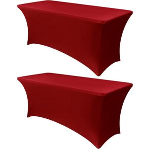 Obstal 6ft Stretch Spandex Red Table Cover for Standard Folding Tables - 2 Pack Universal Rectangular Fitted Tablecloth Protector for Holiday Party, 72L x 30W x 30H Inches, Christmas, 2pc