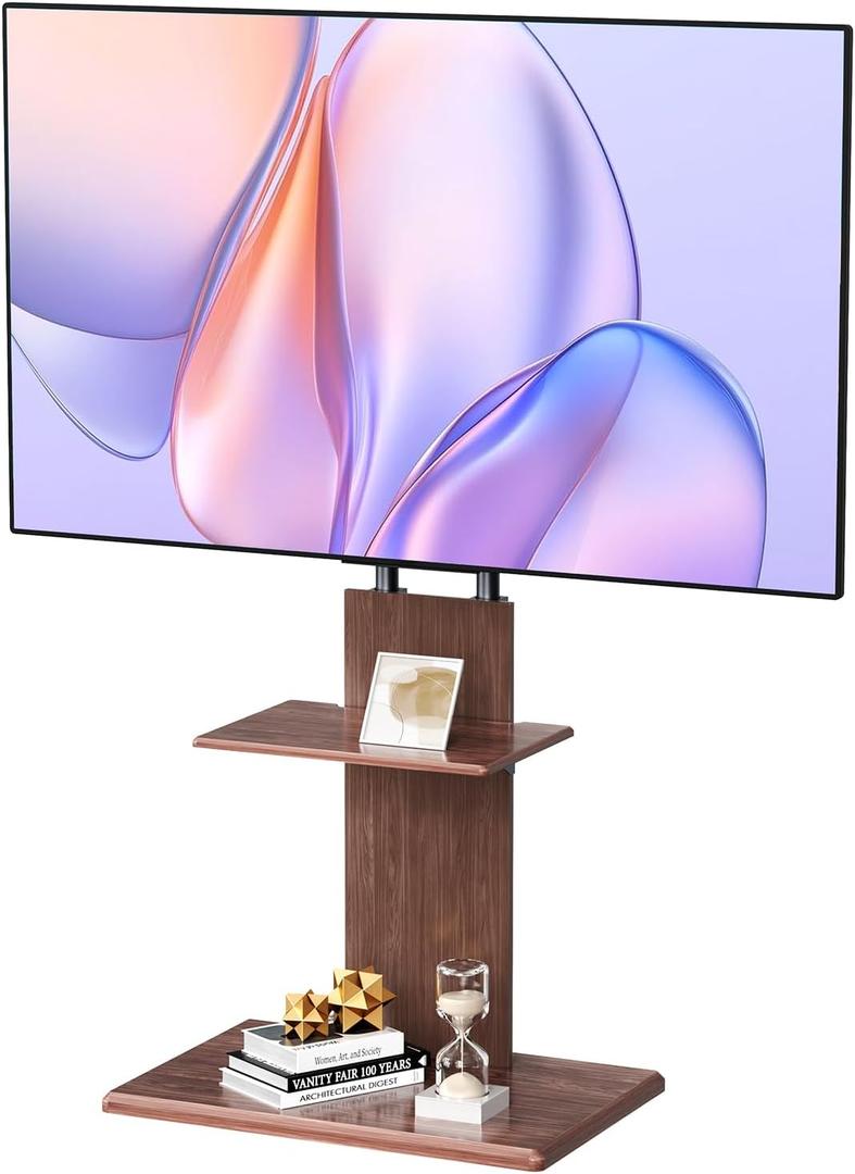 Universal Floor TV Stand with Height Adjustable and Media Shelf for 32-70 inch Flat Screen TV, Swivel TV Mounts Stand with Solid Wood Base for Living Room, Dark Walnut