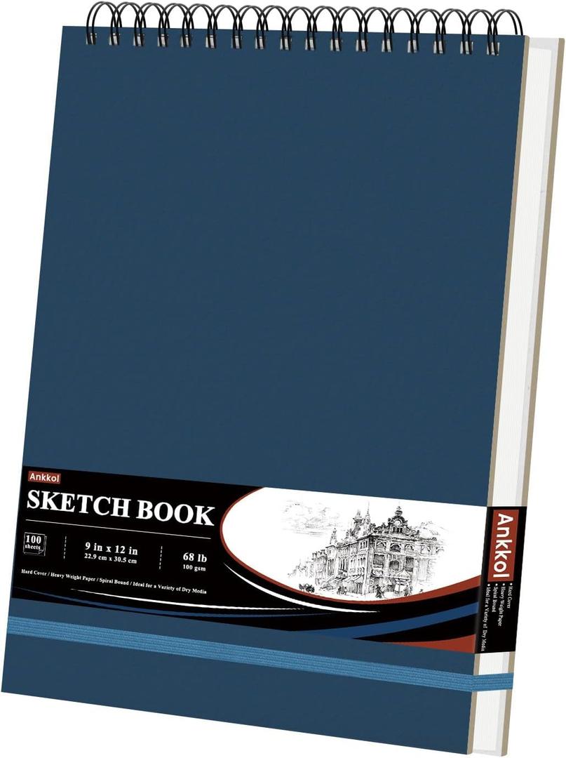 9" x 12" Sketch Book, Hardcover Sketchbook, Top Spiral Bound Sketch Pad, 100 Sheets (68lb/100gsm) Drawing Paper Pad, Art Supplies for Adults for Kids Drawing Notebook. (Blue)