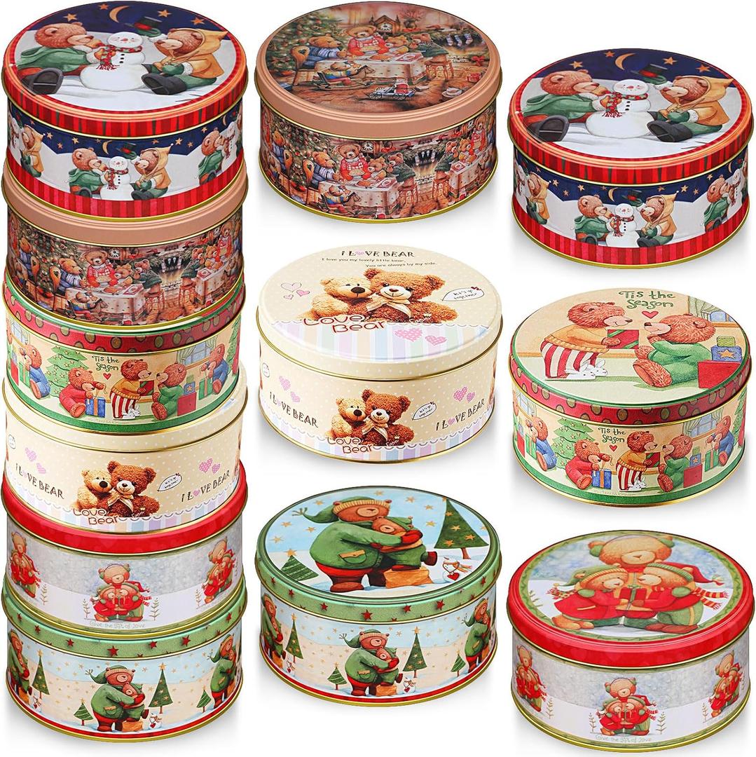 Yaomiao 12 Pack Christmas Cookie Tins with Lids for Gift Giving Small Xmas Tin Containers Round Metal Christmas Tins Empty Cookie Jar for Gift Giving Holiday Party Favors (Lovely Style)