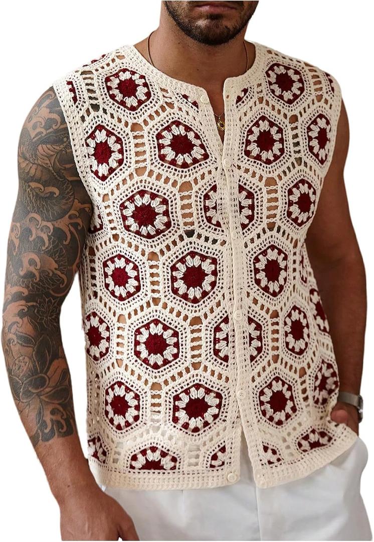 Men's Floral Crochet Shirts Hollow Out Button Down Sleeveless Knit Top Summer Beach Vacation Cruise Shirts (S)
