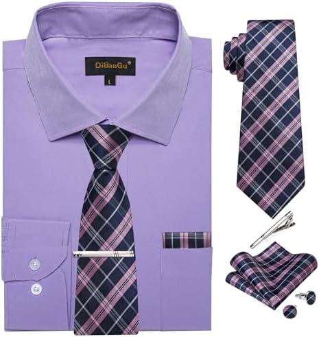 DiBanGu Mens Long Sleeve Dress Shirt and Tie Set Casual Botton Down Shirts for Men Solid Business Shirt with Matching Tie, Lilac Shirt and Pink Tie, X-Large