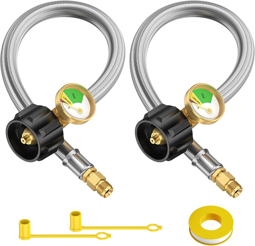 2-Pack 15 inch RV Propane Tank Hose with Gauge Replacement, Propane Pigtail for RV Propane Regulator 2 Tank Connection Kit, QCCI to 1/4'' Male Flare Dual Propane Stainless Steel Braided Hose