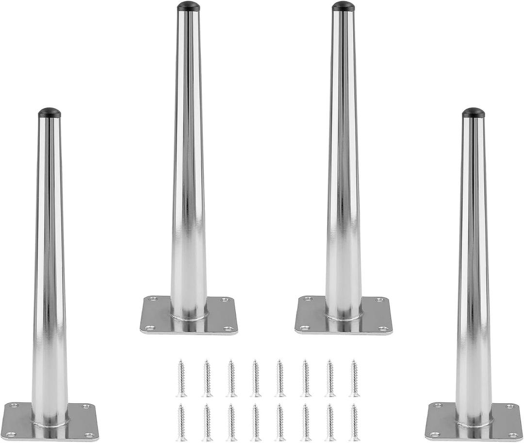 4pcs 10 Inch Furniture Legs, Straight Conical Metal Legs Chrome Mid-Century Style Furniture Feet for Sofa Cabinet Table Chair Cupboard Couch Ottoman Home DIY Projects (Silver)