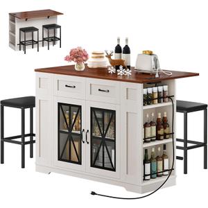 YITAHOME Kitchen Island with Seating, 47 Inch Mobile Storage Island with Drop Leaf, Rolling Islands Table with Power Outlet & Spice Rack, 2 Upholstered Stools and Footrest, for Dining Room, Off White