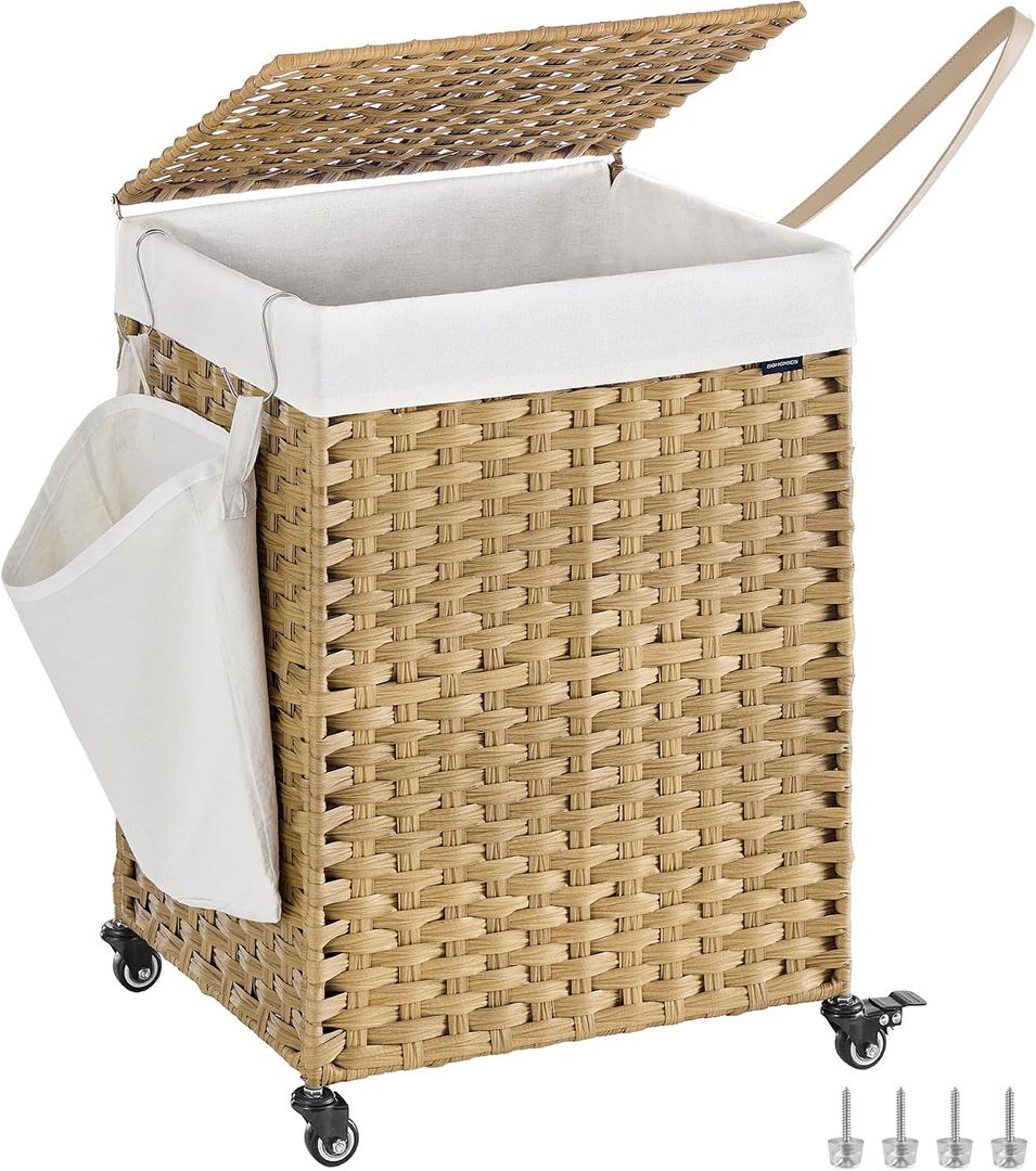 SONGMICS Rolling Laundry Hamper with Lid, 120 L Synthetic Rattan