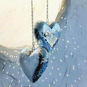 Disco Balls 2 Pack Silver Heart-Shaped Stage Mirror Balls Hanging Decor for Party, Room, Wedding, Garden, Retro Reflective Disco Ball Handmade Gifts (6.3 inch)