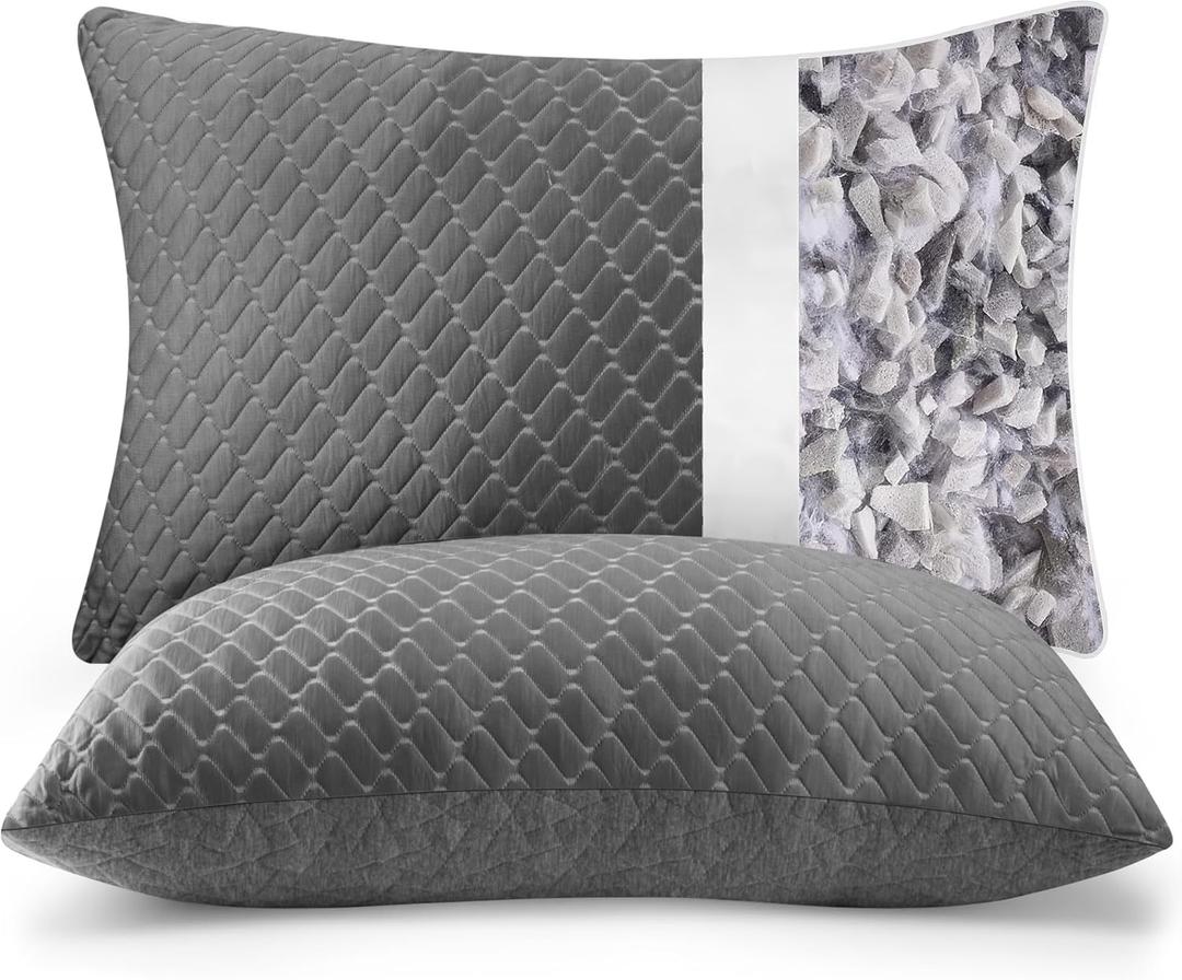 Memory Foam Pillows King Size Set of 2 Grey Color Cooling Pillows for Sleeping 2 Pack, Bed Pillows with Adjustable Shredded Foam for Side, Back and Stomach Sleepers (20x36)