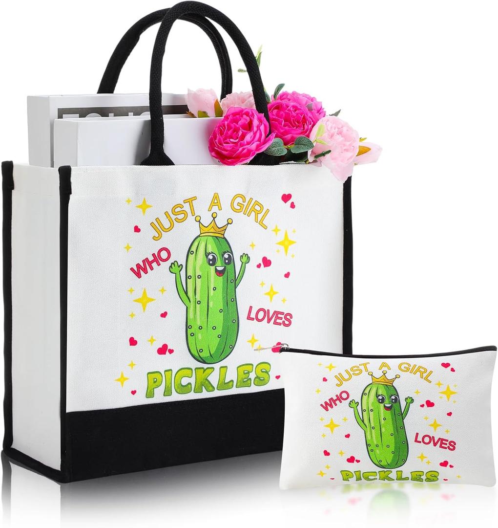Kacctyen Pickle Gifts for Women Pickle Canvas Tote Bags Portable Cosmetic Bags Makeup Zipper Pouch and Canvas for Woman Daughter Sister Teenagers Friend Shopping Gym