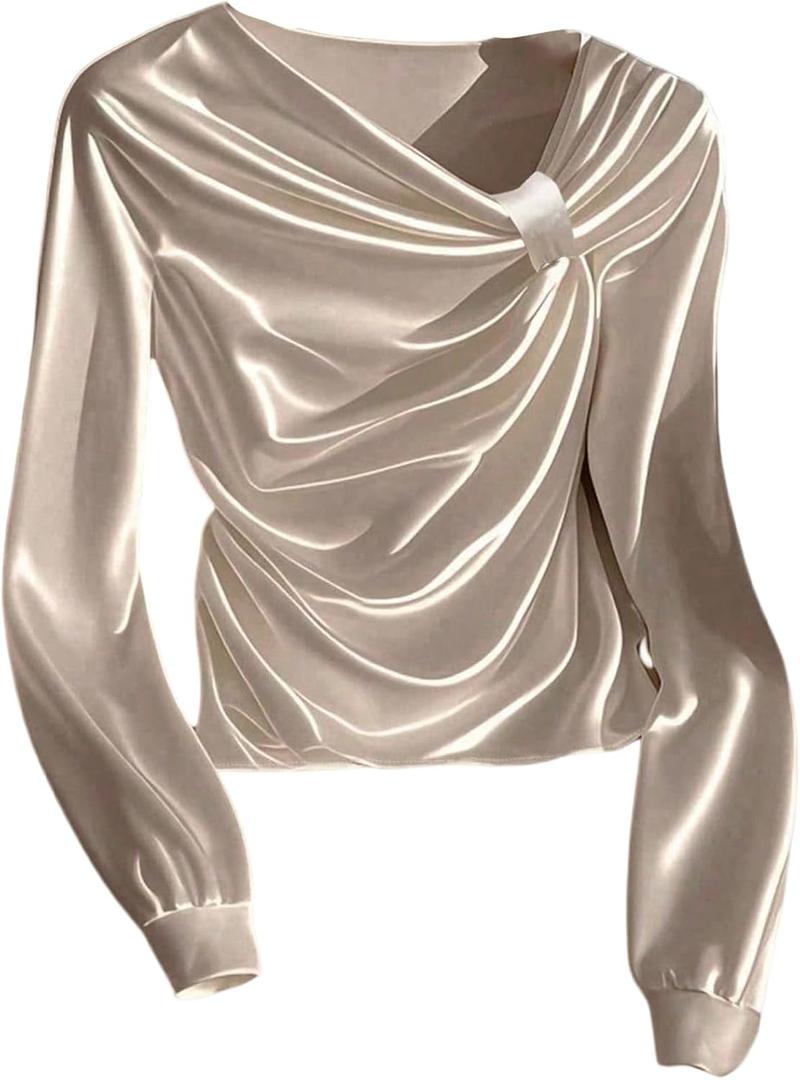 RoseSeek Women's Elegant Satin Tops Ruched Front Long Sleeve Shirts Dressy Blouses Fall Outfits (White, M)