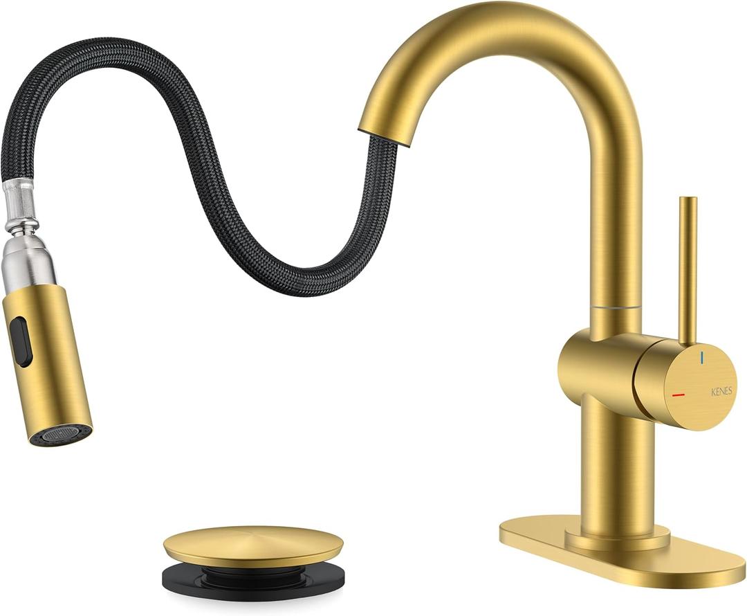 KENES Brushed Gold Single Handle Bathroom Faucet with Pull Out Sprayer, Pull Down Bathroom Sink Faucet with Sprayer, Vanity Bar Faucet with Pop Up Drain & Deck Plate, KE-9065B-4 (Short)