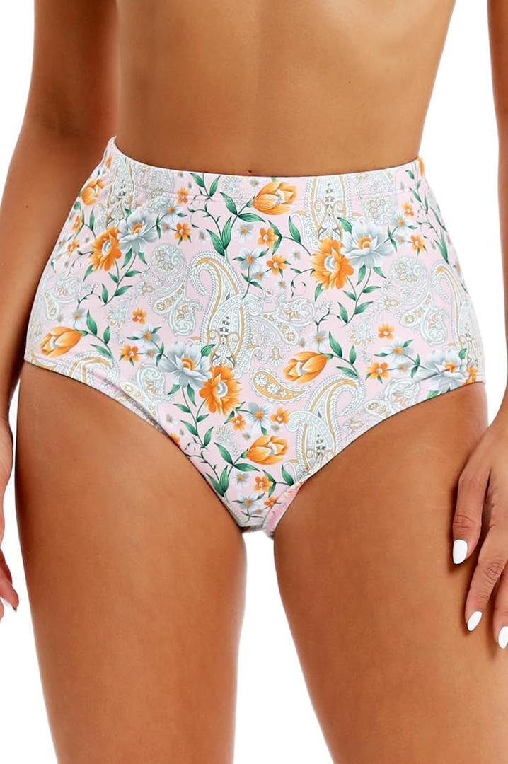 Micosuza Women's Swim Bottom High Waist Retro Basic Full Coverage Bikini Tankini Swimsuit Briefs (8, Pinkflower)