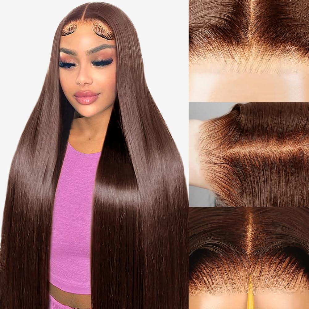 Chocolate Brown Glueless Wig Human Hair 28Inch Wear and Go Glueless Wig Human Hair Pre Cut 220% Density Brown Straight Human Hair Wig 7x5 Closure Wigs for Black Women 3 Seconds Ready to Wear (4#)