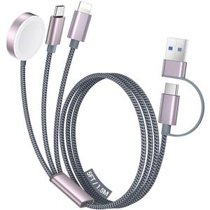 Temdan for Travel Vacation Essentials,3 in 2 USB C Cable for Apple Watch Charger/iPhone 17 Charger/Lightning,Multi Charging Cable Cord,Camping Essentials,Portable Designed for iWatch &iPhone 16-12-5FT (Grey)