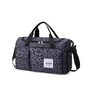 WOOMADA Foldable Travel Duffel Bag with Shoes Compartment, Overnight Bag with Wet Pocket & Trolley Sleeve, Weekender Bags for Women(B-black leopard)