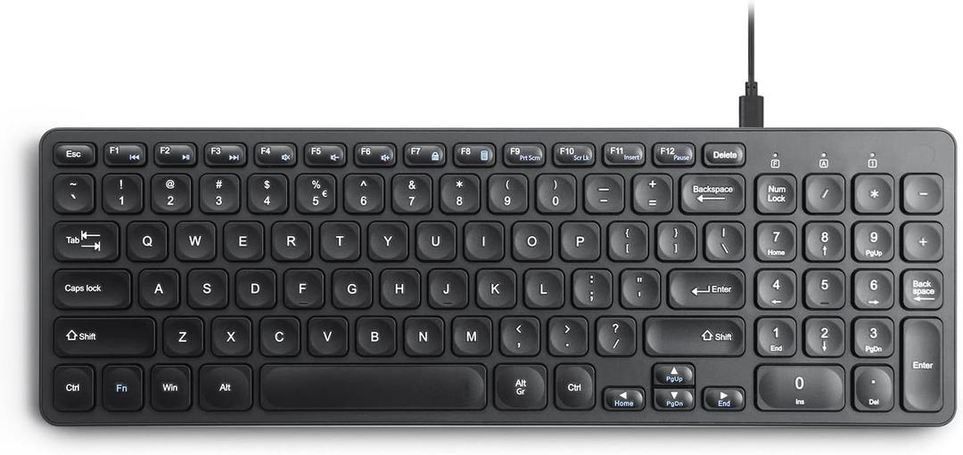 Perixx PERIBOARD-215B US, Wired Keyboard - Ultra Slim Scissor Keys - 2 Built-in USB-A & USB-C Ports - Detachable Cable - Black - US English