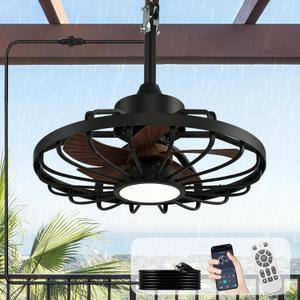 Depuley Outdoor Ceiling Fan with Light: 20" Outdoor Hanging Gazebo Fans with Lights and Remote App Control - Waterproof Plug in Caged Fan for Patio Pergola Porch Canopy Black Walnut