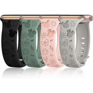 4 PACK Engraved Silicone Bands Compatible with Apple Watch Band 40mm 38mm 41mm 42mm 44mm 45mm 46mm 49mm Women Breathable Soft Cute Sport Replacement Strap for iWatch SE Series 11 10 9 8 7 6 5 4 3 2 1
