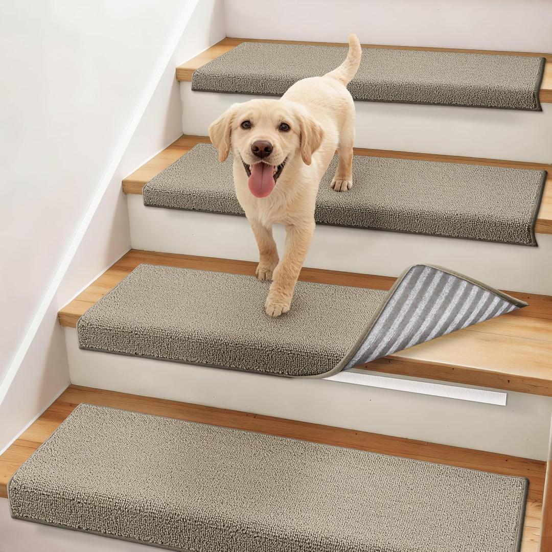 COSY HOMEER Bullnose Carpet Stair Treads, Peel and Stick Non-Slip Stair Treads for Wooden Steps, 11" x 30" Indoor Stair-Runner Rugs (14Pc, Beige)
