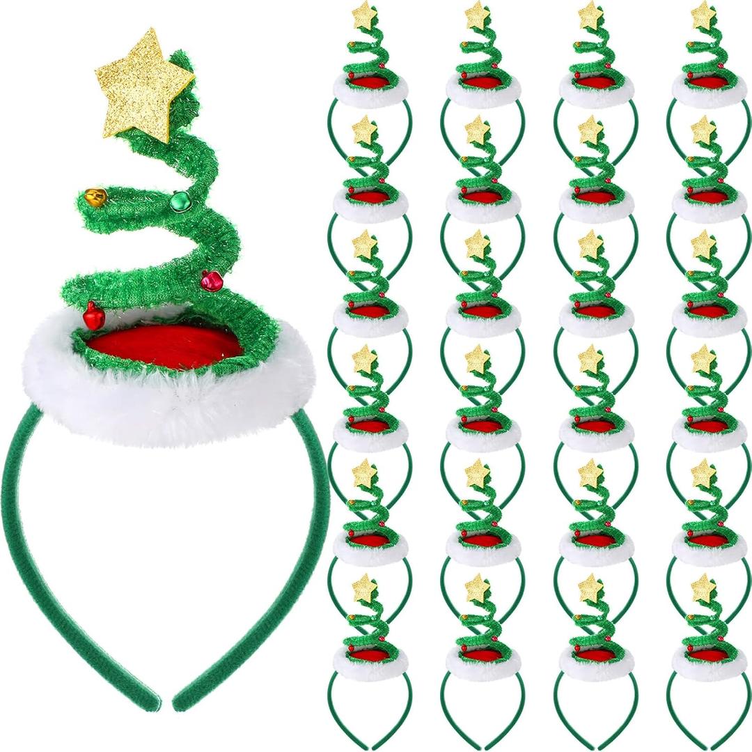 Janinka 24 Pack Christmas Headbands with Bells Bulk Santa Claus Hats Xmas Tree Topper Headwear for Kids Children Girls Women