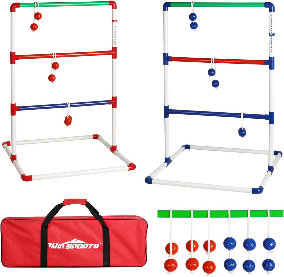 Ladder Toss Outdoor Game Set - Win SPORTS Indoor Ladder Ball Toss Game with 6 Weighted Bolos, Carrying Case and Sand Weighted PVC Piping,Games for Adults, Kids, Family