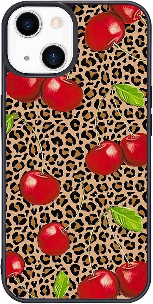 Wihytec Leopard & Cherry Phone Case for iPhone 14 Cherry Leopard Case Cover TPU Bumper Hard Back Shockproof Phone Case Girly Protective Phone Cover with Pretty Design