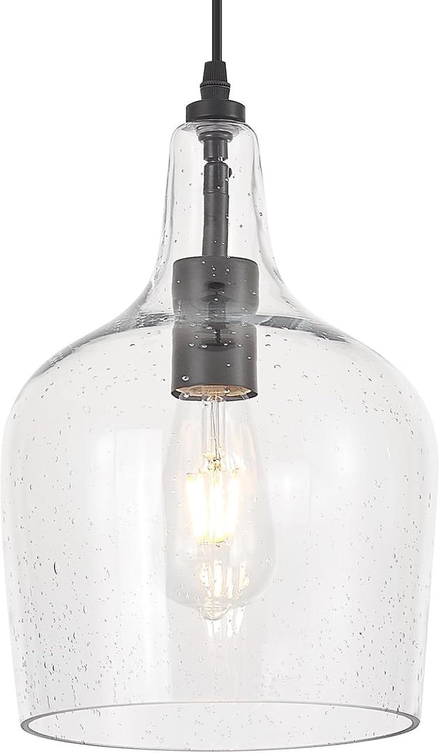 Seeded Glass Pendant Light Modern Black 1 Light Single Dome Pendent Lighting Fixtures for Kitchen Island Dining Room Hallway, Dia 9 Inch, E26, UL Listed