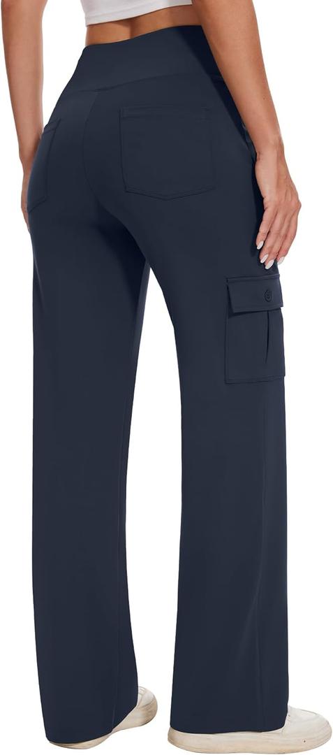 Yoga Cargo Pants Women Wide Leg Pants with Pockets High Waist Stretch Dress Casual Business Work Travel Pants (Medium, Navy)