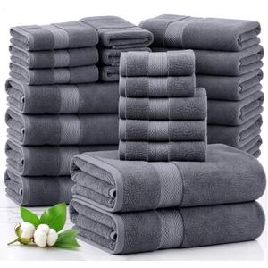 LANE LINEN 100% Cotton Bath Towels Set - 24 PCs - Durable, Quick Dry, Super Soft & Highly Absorbent - 4 Bath, 4 Fingertip, 6 Hand Towels, 8 Washcloths, 2 Bath Sheets - Perfect Family Set - Cool Grey