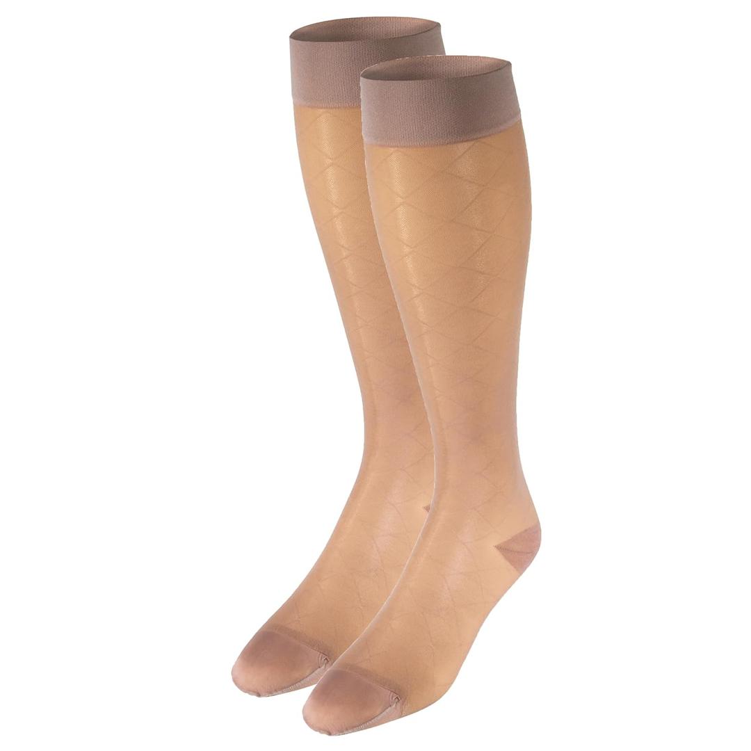 NuVein Sheer Compression Stockings, 15-20 mmHg Support, Women's Diamond Pattern Nylons, Knee High, Closed Toe, Nude, Large