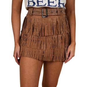 Womens Sparkle Rhinestone Fringe Skirt Elastic Waistband Short Mini Dress with Adjustable and Removable Belt (Large, Brown)