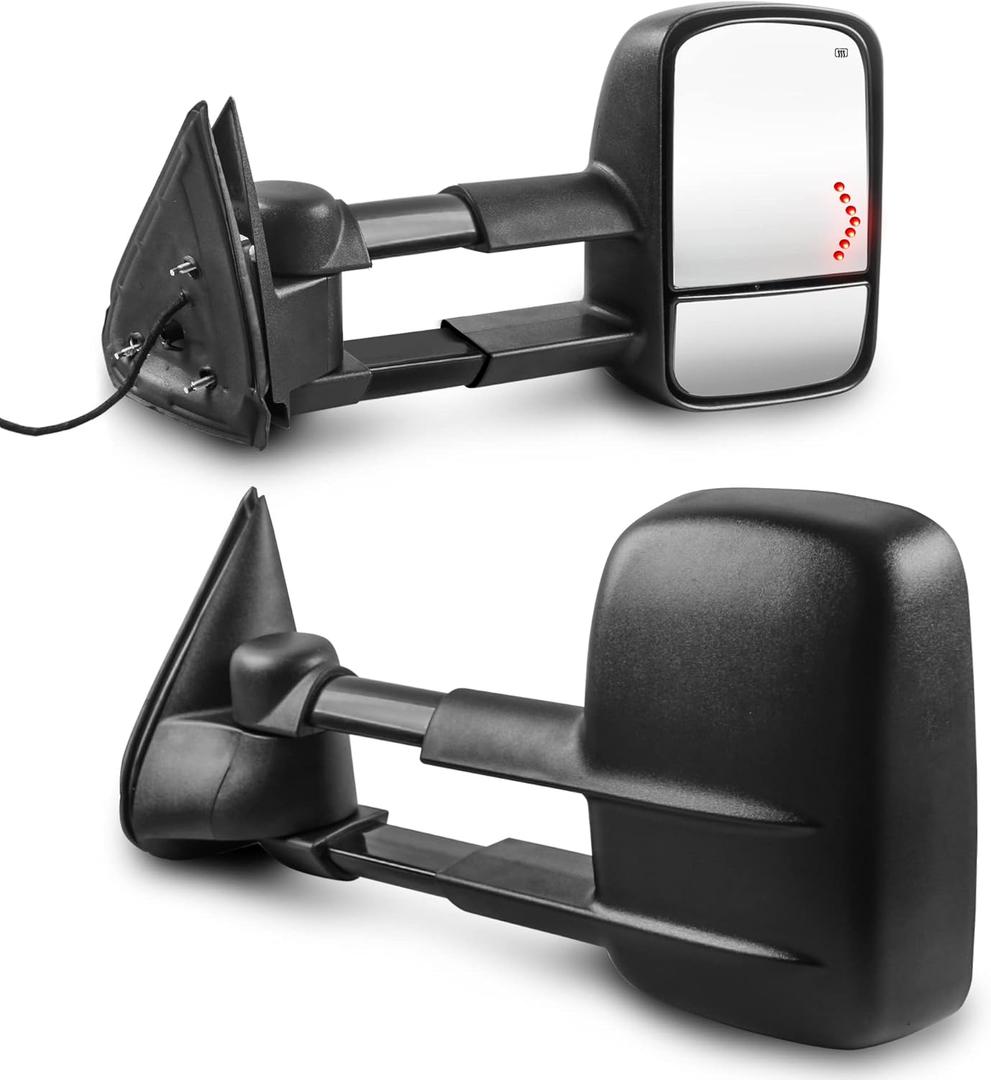 MOSTPLUS Power Heated Towing Mirrors Compatible for 2003-2006 Chevy Silverado Suburban Tahoe GMC Serria Yukon with Arrow Signal Light, Manul Telescoping (Set of 2) (Black) (Black)