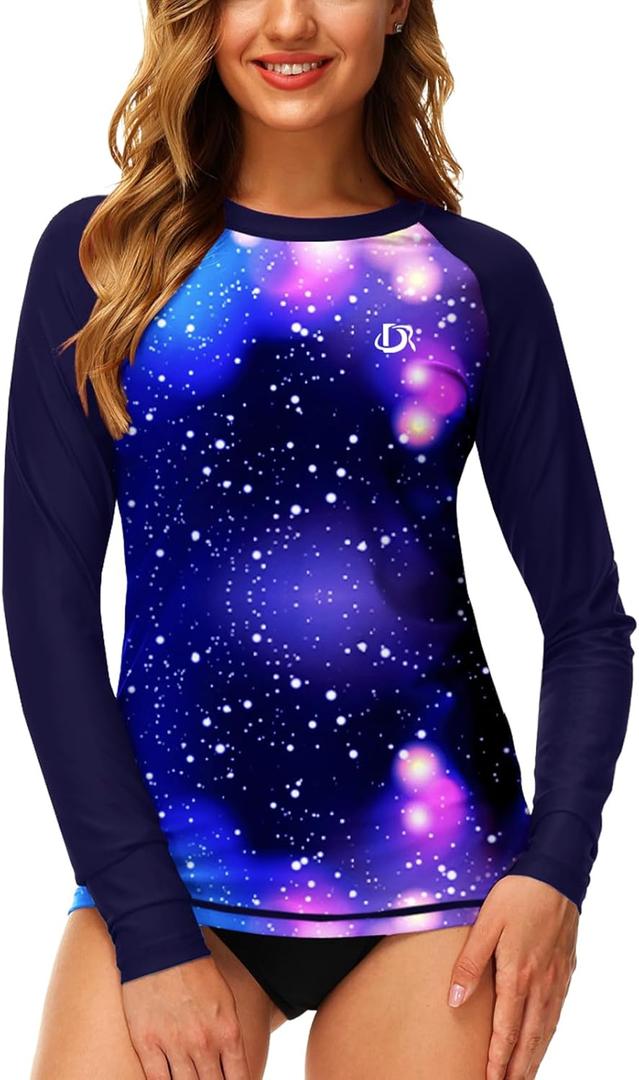 Deerose Womens Rash Guard Long Sleeve Sun Protection Shirts for Swimming (Size Large, Sky | Starry Sky Blue)