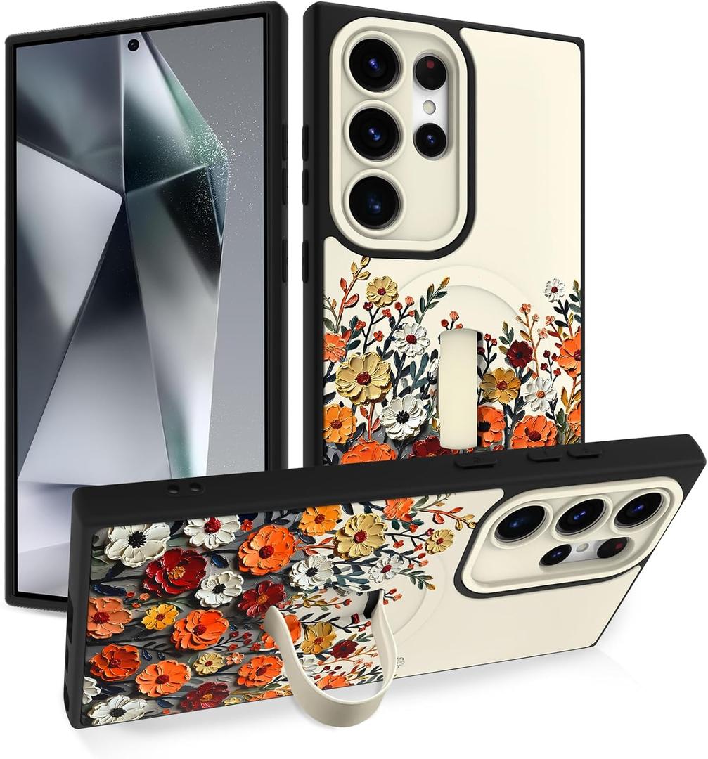 White Case with Stand for Samsung Galaxy S24 Ultra, Floral Flowers | Wireless Charging Compatible, Finger Strap Stand, Kickstand, Shockproof Protection, Soft TPU and Hard PC, for Women