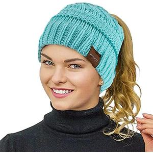 Rosoz 1&2 Packs Ponytail Beanie for Women,Winter Warm Beanie Tail Soft Stretch Cable Knit Messy High Bun Hat