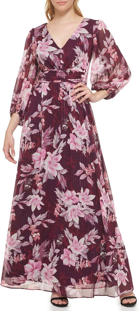 Jessica Howard Women's Floral Chiffon Maxi Gown Long Sleeve - Special Occasion Dress (Eggplant, 18Plus)